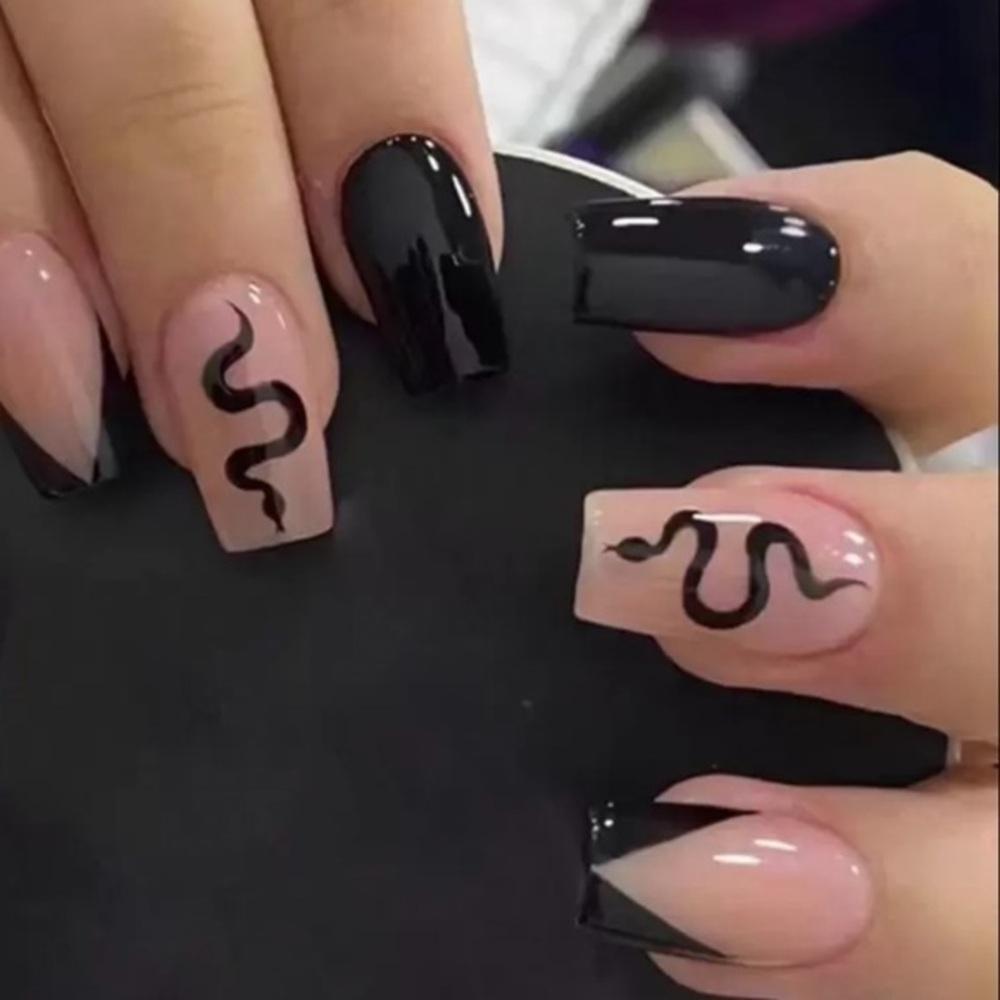Witchcore Serpent Goth Elegant Black and Nude 24 Square Press-On Nails